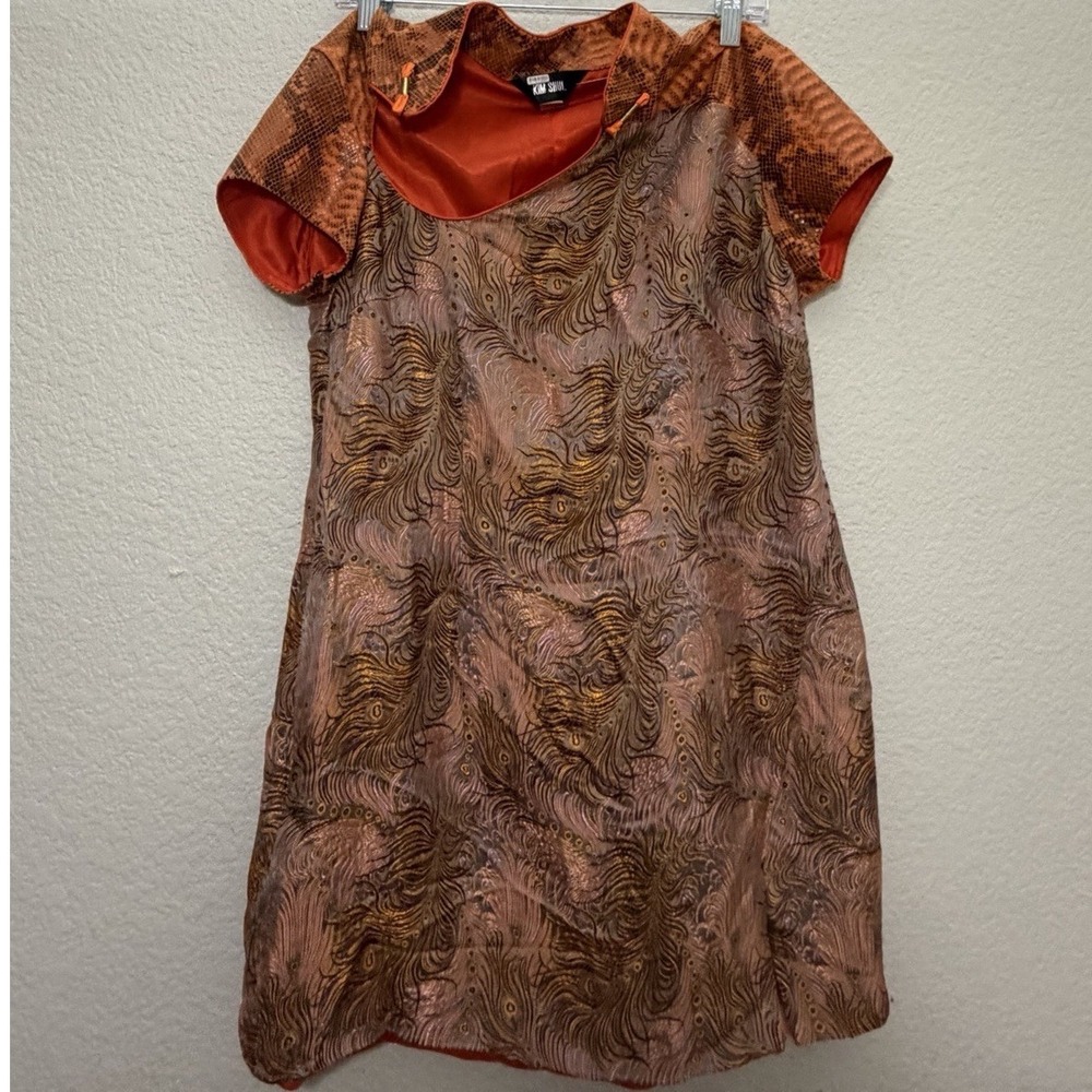 Kim Shui Metallic Peacock Jacquard Qipao Mini Dress Size 12 Orange Snakeskin - Picture 2 of 16